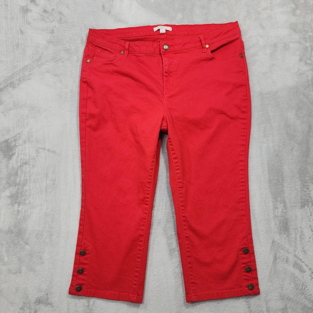 Woman Within Jeans Womens 16W Red High Rise Capri Crop Button Hem Stretch Denim